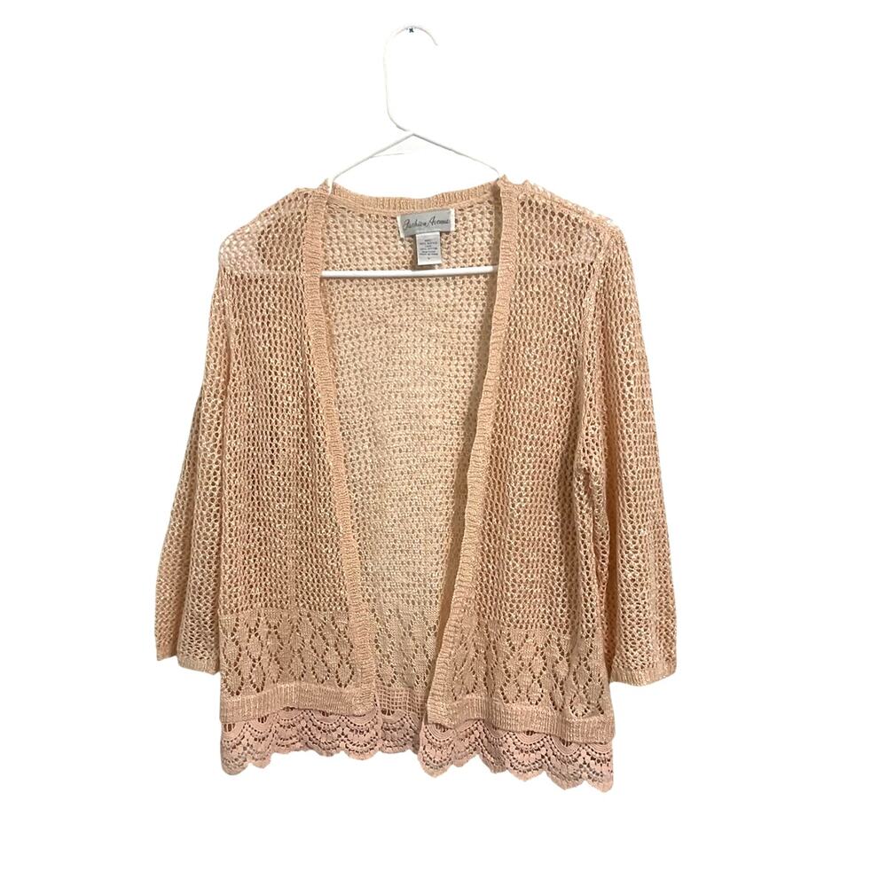 Pink Open Front Crochet Cardigan Scalloped Hem Womens Size Large 3/4 Sleeves